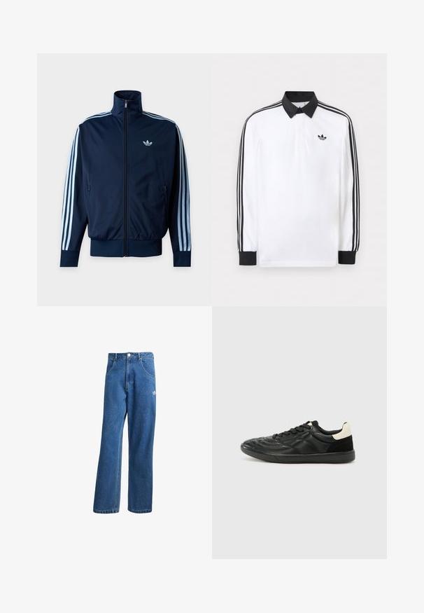 Tmavomodrá športová bunda s troma svetlomodrými pruhmi na rukávoch, predným zipsom, stojačikovým golierom a logom Adidas na hrudi.; Biele polo s dlhým rukávom s čiernym golierom, čiernymi manžetami, čiernym dizajnom troch pruhov na rukávoch a čiernym logom Adidas na hrudi.; Modré riflové nohavice s vysokým pásom a širokým strihom, s prednými vreckami, pútkami na opasok, zapínaním na gombík a malým logom Adidas na pravej stehne.; ALDO THEPITCH - Tenisky - black
