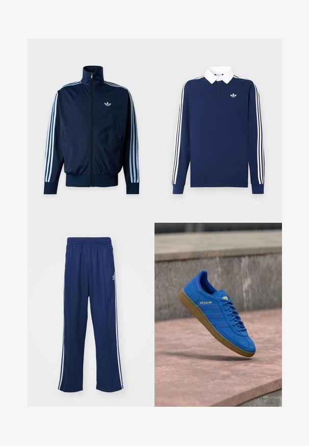 Tumesinine treeningjakk helesiniste kolmekordsete triipude jaotusega varrukaotstel, ees tõmblukk, kõrge kaelus ning Adidas logo rinnal.; Tumesinine pikemate varrukatega polosärk, puuvillane kangas, valge krae, varrukatel kolm klassikalist valget triipu ning väikese logoga rinnal.; Tumed sinised spordipüksid lõdva lõikega, valgete külgtriipudega ja elastse vöökoha ning sileda kangaga, ilma nähtavate mustrite või lisadega.; Sinine Adidas Spezial toss kummist tallaga, paelad seotud, ripub sileda kivipinna kohal halli betoonseina lähedal.