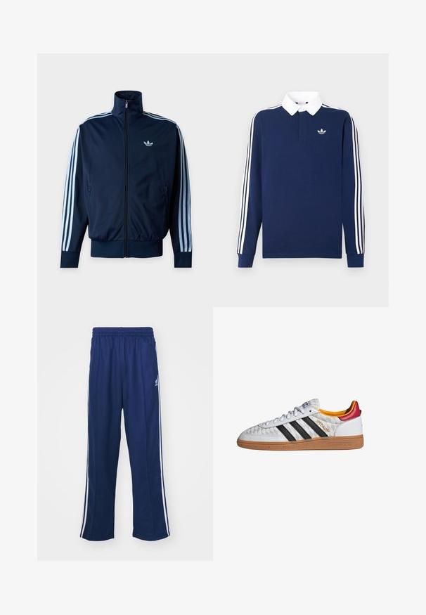 Marineblå trackjakke med lyseblå tre striber på ærmerne, frontlynlås, opretstående krave og Adidas-logo på brystet.; Marineblå langærmet polo i bomuldsstof, hvid krave, med klassiske tre hvide striber langs ærmerne og et lille logo på brystet.; Marineblå sportbukser med en afslappet pasform, udstyret med hvide sidestativer og elastisk talje. Glat stof, ingen synlige mønstre eller hardware.; Hvid Adidas Spezial sneaker med sorte striber, gummisål, quiltet mønster, rød hælflap og gul inderfor, set fra siden.
