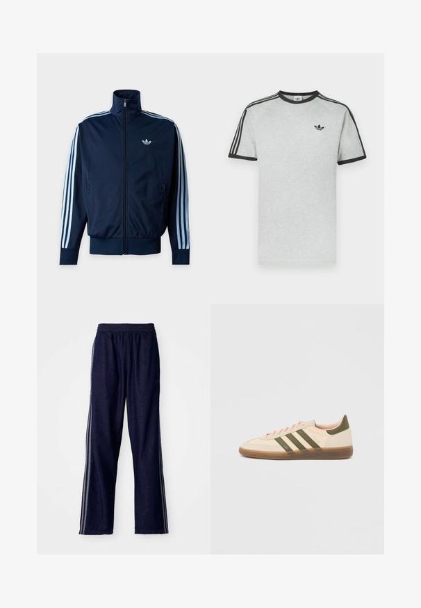Tmavomodrá športová bunda s troma svetlomodrými pruhmi na rukávoch, predným zipsom, stojačikovým golierom a logom Adidas na hrudi.; Sivé tričko s čiernymi detailmi, s okrúhlym výstrihom a krátkymi rukávmi. Tri čierne pruhy na pleciach, malé logo na hrudi.; Námornícke modré športové nohavice s elastickým pásom, s tromi bielymi bočnými pruhmi a rovným strihom. Mäkká denimová textúra.; Nízky béžový tenisky Adidas Spezial so zelenými pruhmi, gumovou podrážkou a nápisom „SPEZIAL“ na boku, zobrazené z vonkajšej strany.