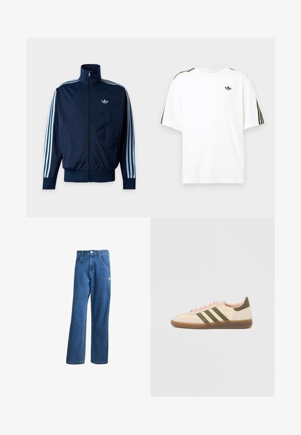 Tmavomodrá športová bunda s troma svetlomodrými pruhmi na rukávoch, predným zipsom, stojačikovým golierom a logom Adidas na hrudi.; Biela bavlnená tričko s krátkymi rukávmi, s čiernymi trojpruhmi na pleciach a malým čiernym logom na hrudi.; Modré riflové nohavice s vysokým pásom a širokým strihom, s prednými vreckami, pútkami na opasok, zapínaním na gombík a malým logom Adidas na pravej stehne.; Nízky béžový tenisky Adidas Spezial so zelenými pruhmi, gumovou podrážkou a nápisom „SPEZIAL“ na boku, zobrazené z vonkajšej strany.