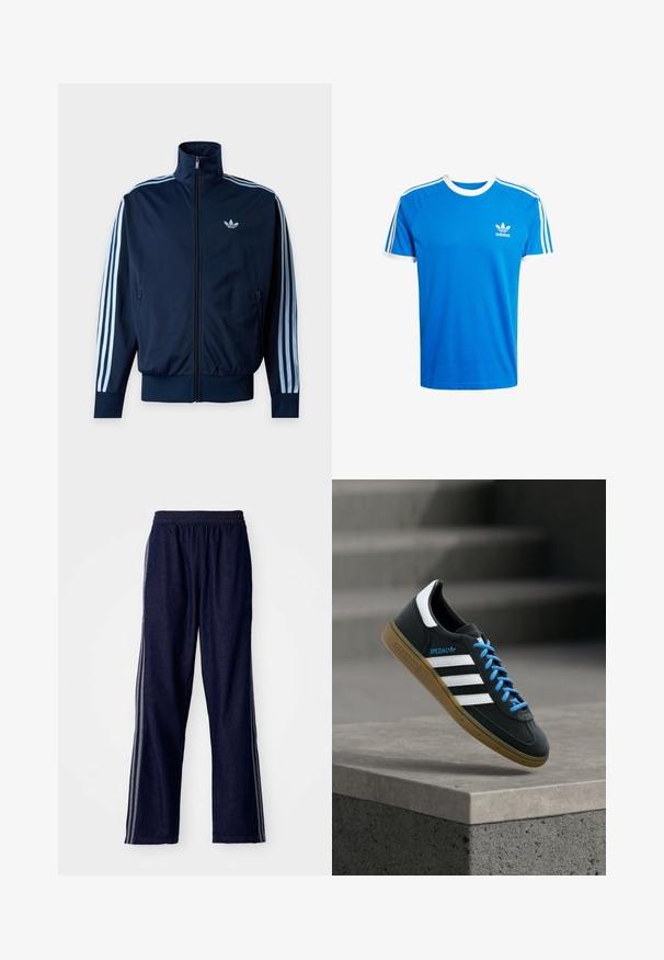 Tengerészkék melegítődzseki világoskék három csíkkal az ujjakon, elöl cipzárral, állógallérral és az Adidas logóval a mellkason.; Kék pamut póló fehér bordás kerek nyakkal és ujjak szélén. Klasszikus három fehér csík található a vállakon; kicsi logó a mellkason.; Tengeri kék sportnadrág rugalmas derékkal, három fehér oldalsávval és egyenes lábformával. Puha farmer textúra.; Fekete Adidas tornacipő fehér csíkokkal, kék fűzőkkel és gumitalppal, amely finom fényben lebeg egy szürke betonlépcső felett.
