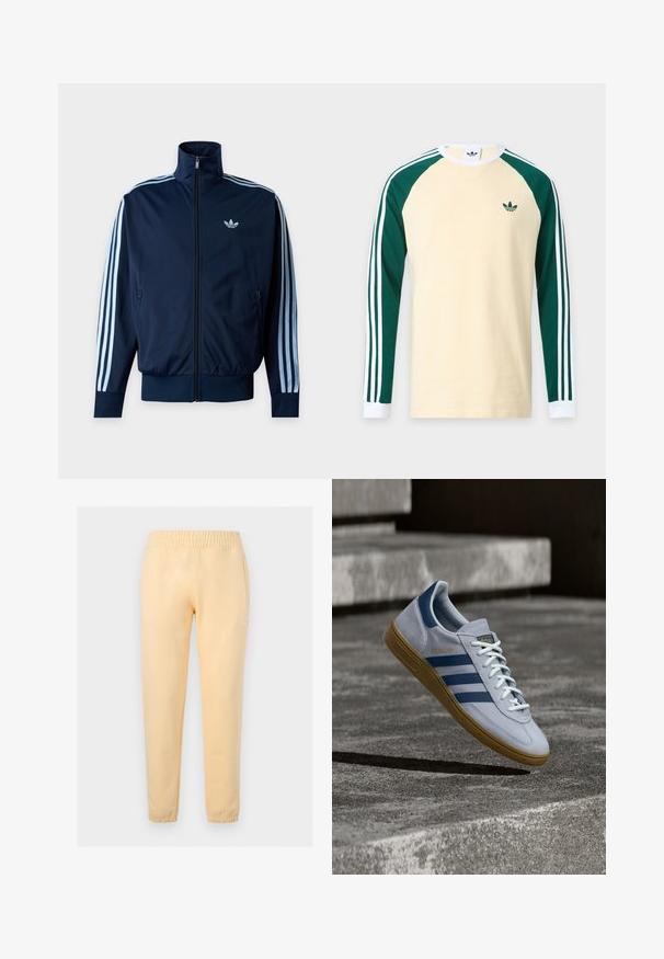 Μπλε ναυτικό track jacket με τρεις ανοιχτό μπλε ρίγες στα μανίκια, φερμουάρ μπροστά, όρθιο γιακά και το λογότυπο της Adidas στο στήθος.; Μπεζ πουκάμισο με μακριά μανίκια με σκούρα πράσινα raglan μανίκια, λευκά μανσέτες, λευκές ρίγες στα μανίκια και μικρό πράσινο λογότυπο Adidas στο στήθος.; Ανοιχτό κίτρινο στενό παντελόνι φόρμας με ελαστική μέση και μανσέτες στους αστραγάλους, με διακριτικό λευκό λογότυπο Adidas trefoil στο αριστερό μηρό.; Φωτεινό γαλάζιο αθλητικό παπούτσι Adidas Spezial με ναυτικό μπλε ρίγες και λαστιχένια σόλα, εμφανιζόμενο στον αέρα πάνω από σκάλες από σκυρόδεμα σε ουδέτερο υπαίθριο περιβάλλον.