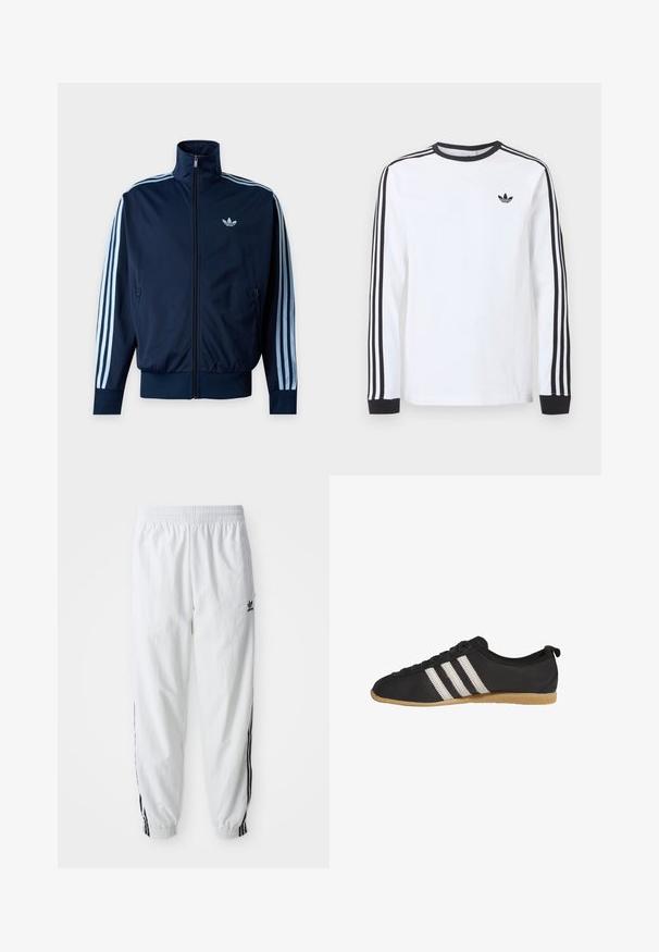 Marineblauw trainingsjack met lichtblauwe drie strepen op de mouwen, ritssluiting aan de voorkant, opstaande kraag en Adidas-logo op de borst.; Wit Adidas shirt met lange mouwen, zwarte ronde hals, zwarte boordjes, drie zwarte strepen langs de mouwen en een zwart trefoil-logo op de borst.; Witte sportbroek met zwarte zijstrepen, elastische tailleband en boorden; heeft het Adidas-logo op de linkerdij. Glad stoffen structuur.; Zwarte lage sneaker met witte strepen en bruine rubberen zool, zijaanzicht op een witte achtergrond.