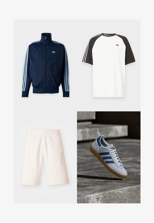Marineblaue Trainingsjacke mit hellblauen drei Streifen an den Ärmeln, durchgehendem Reißverschluss, Stehkragen und Adidas-Logo auf der Brust.; Weißes T-Shirt mit schwarzen Raglanärmeln, das blaue Streifenakzente auf den Schultern und ein kleines schwarzes Logo auf der Brust aufweist.; Cremfarbene Baumwollshorts mit einem elastischen Bund, seitlichen Taschen und einem dezenten Logo am linken Bein. Glatte Textur und knielanges Design.; Hellblauer Adidas Spezial Sneaker mit dunkelblauen Streifen und Gummisohle, in der Luft über Betontreppen in neutralem Außenbereich gezeigt.