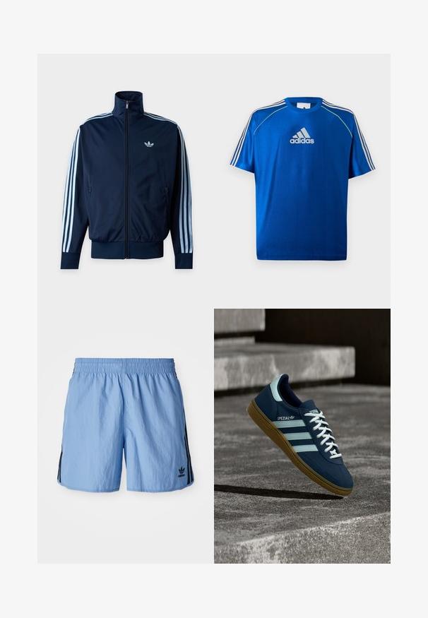 Tumesinine treeningjakk helesiniste kolmekordsete triipude jaotusega varrukaotstel, ees tõmblukk, kõrge kaelus ning Adidas logo rinnal.; Sinine Adidas spordisärk valge logoga rinnal, valgete triipudega õlgadel ja neoonkollase ääristusega õmblustel.; Heledad sinised spordilühikesed püksid, millel on elastne vöökoht, musta külgtriibu ja alumises paremas nurgas must tikandlogo.; Sinine Adidas Spezial tennisk, valgete triipude ja paeltega, kummist tallaga, hõljub kareda betoonpinna ja sammude kohal taustal.