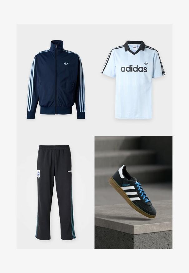 Tumesinine treeningjakk helesiniste kolmekordsete triipude jaotusega varrukaotstel, ees tõmblukk, kõrge kaelus ning Adidas logo rinnal.; Hele sinine spordisärk musta kraega, millel on vertikaalsed triibud ning igal varrukal kolm musta triipu. "adidas" logo mustana.; Mustad mustekad kokkuvõtlikud spordipüksid elastse vöökohtkega, millel on sinised triibud külgedel ja logo vasakul esiküljel.; Must Adidas toss valgete triibu, siniste paelte ja kummist tallaga, hõljuv pehme valgusega halli betoonastme kohal.