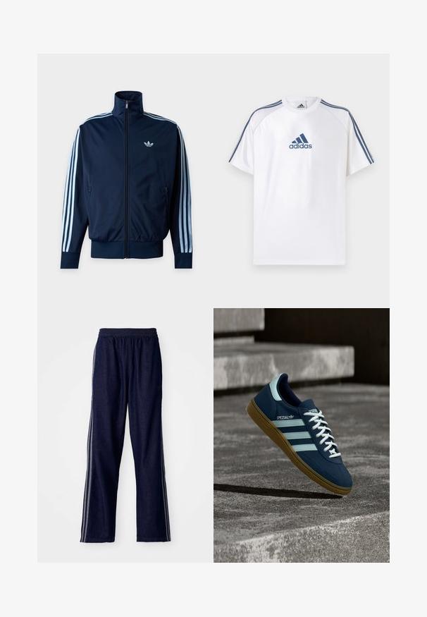 Μπλε ναυτικό track jacket με τρεις ανοιχτό μπλε ρίγες στα μανίκια, φερμουάρ μπροστά, όρθιο γιακά και το λογότυπο της Adidas στο στήθος.; Λευκό μπλουζάκι Adidas με μπλε λεπτομέρειες, κοντά μανίκια και στρογγυλή λαιμόκοψη. Φέρει το λογότυπο Adidas σε μπλε χρώμα στο μπροστινό μέρος και τρεις ρίγες στους ώμους.; Ναυτικό μπλε αθλητικές παντελόνες με ελαστική μέση, με τρεις λευκές λωρίδες στο πλάι και ίσια γραμμή. Μαλακή υφή τζιν.; Μπλε sneaker Adidas Spezial με λευκές ρίγες και κορδόνια, λαστιχένια σόλα, αιωρείται πάνω από τραχιά επιφάνεια σκυροδέματος και σκαλοπάτια στο φόντο.