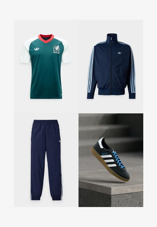 Μπλε ναυτικό track jacket με τρεις ανοιχτό μπλε ρίγες στα μανίκια, φερμουάρ μπροστά, όρθιο γιακά και το λογότυπο της Adidas στο στήθος.; Πράσινη φανέλα ποδοσφαίρου με λευκά μανίκια, κόκκινο V-λαιμόκοψη, λογότυπο Adidas στο αριστερό στήθος και έμβλημα της ομάδας του Μεξικού στο δεξί στήθος.; Σκούρο μπλε παντελόνι φόρμας από ελαφρύ ύφασμα, με λευκές ρίγες στο πλάι, ελαστική μέση και μικρό λογότυπο.; Μαύρο αθλητικό παπούτσι Adidas με λευκές ρίγες, μπλε κορδόνια και καουτσούκ σόλα να αιωρείται πάνω από γκρίζο τσιμεντένιο σκαλοπάτι σε απαλό φως.