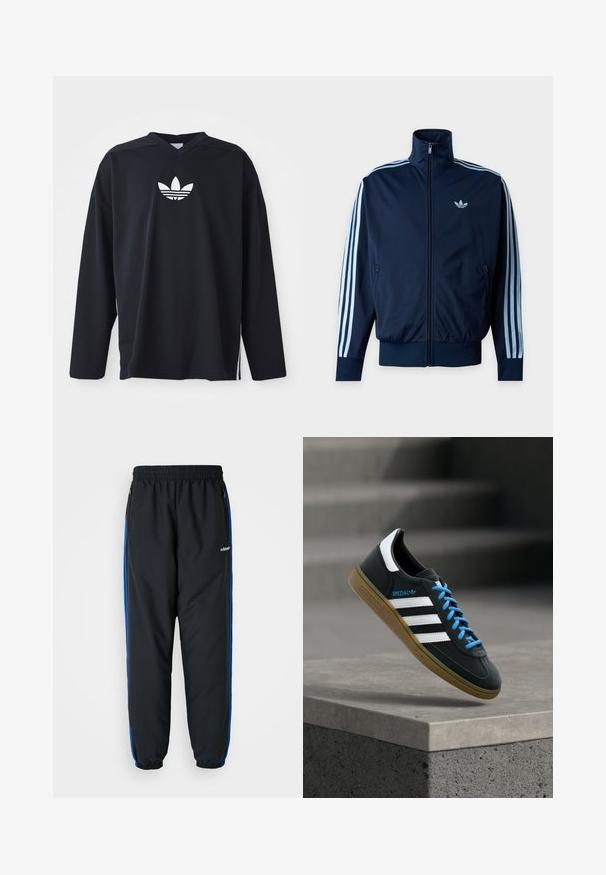 Marineblaue Trainingsjacke mit hellblauen drei Streifen an den Ärmeln, durchgehendem Reißverschluss, Stehkragen und Adidas-Logo auf der Brust.; Schwarzes Langarmtrikot aus Mesh-Material, mit V-Ausschnitt und weißem Adidas-Trefoil-Logo auf der Brust. Seitliche Schlitze am Saum.; Schwarze Sporthosen mit elastischem Bund, blauen Seitenstreifen, Reißverschlusstaschen und schmal zulaufenden Bündchen für eine enge Passform. Hergestellt aus leichtem Material.; Schwarzer Adidas-Sneaker mit weißen Streifen, blauen Schnürsenkeln und Gummisohle, der über einer grauen Betontreppe im weichen Licht schwebt.