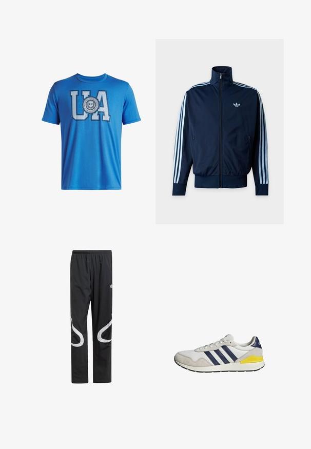 Marineblaue Trainingsjacke mit hellblauen drei Streifen an den Ärmeln, durchgehendem Reißverschluss, Stehkragen und Adidas-Logo auf der Brust.; Blaues Baumwoll-T-Shirt mit großen "UA"-Buchstaben und einem runden Abzeichen-Design darunter. Kurze Ärmel und ein Rundhalsausschnitt. Glatte Textur.; Schwarze Sporthosen mit einem elastischen Bund, die große weiße geschwungene Akzente an den Seiten und ein kleines Logo an der Oberschenkeloberseite aufweisen.; Weißer und grauer Adidas-Sneaker mit marineblauen Streifen und einem gelben Akzent an der Ferse, seitlich auf weißem Hintergrund dargestellt.