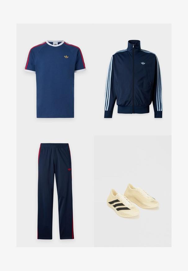 Μπλε ναυτικό track jacket με τρεις ανοιχτό μπλε ρίγες στα μανίκια, φερμουάρ μπροστά, όρθιο γιακά και το λογότυπο της Adidas στο στήθος.; Μπλε ναυτικό μπλουζάκι από μαλακό βαμβάκι, με λευκές και κόκκινες ρίγες στα μανίκια, στρογγυλή λαιμόκοψη και μικρό χρυσό λογότυπο στο στήθος.; Αθλητικό παντελόνι σε ναυτικό μπλε με κόκκινες ρίγες στο πλάι, ελαστική μέση, τσέπες με φερμουάρ και κόκκινο λογότυπο Adidas trefoil στο αριστερό μηρό.; Αθλητικά παπούτσια ανοιχτού μπεζ χρώματος με μαύρες ρίγες, κλείσιμο με κορδόνια και υφασμενo κυματιστό σχέδιο σε λευκό φόντο.