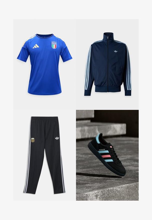 Μπλε ναυτικό track jacket με τρεις ανοιχτό μπλε ρίγες στα μανίκια, φερμουάρ μπροστά, όρθιο γιακά και το λογότυπο της Adidas στο στήθος.; Μπλε αθλητική φανέλα με κοντό μανίκι, με κίτρινο λογότυπο Adidas και το έμβλημα της εθνικής ομάδας της Ιταλίας με τέσσερα αστέρια από πάνω.; Μαύρο αθλητικό παντελόνι Adidas με λευκές πλαϊνές ρίγες, ελαστική μέση, έμβλημα της Αργεντινής Ποδοσφαιρικής Ομοσπονδίας στον αριστερό μηρό και λογότυπο Adidas στον δεξί μηρό.; Μαύρο αθλητικό παπούτσι Adidas Spezial με μπλε και ροζ ρίγες, να αιωρείται πάνω από υφή γκρι σκυροδέματος με σκιά από κάτω.