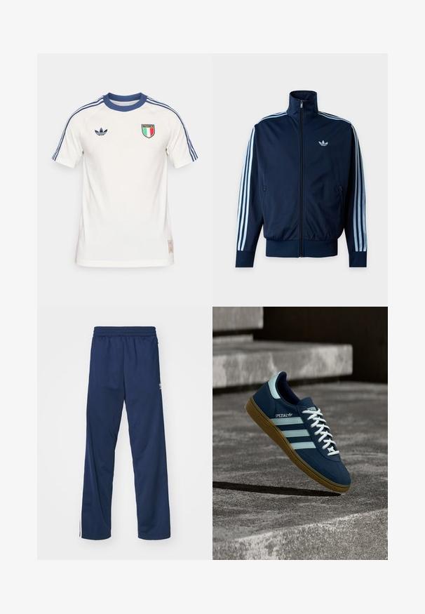 Μπλε ναυτικό track jacket με τρεις ανοιχτό μπλε ρίγες στα μανίκια, φερμουάρ μπροστά, όρθιο γιακά και το λογότυπο της Adidas στο στήθος.; Άσπρο αθλητικό μπλουζάκι με μπλε γιακά και τρεις μπλε ρίγες σε κάθε ώμο. Φέρει λογότυπο με τη σημαία της Ιταλίας στο κέντρο.; Ναυτικό μπλε αθλητικά παντελόνια με ελαστική μέση, με λευκές ρίγες στα πλάγια και λογότυπο στο αριστερό μηρό.; Μπλε sneaker Adidas Spezial με λευκές ρίγες και κορδόνια, λαστιχένια σόλα, αιωρείται πάνω από τραχιά επιφάνεια σκυροδέματος και σκαλοπάτια στο φόντο.