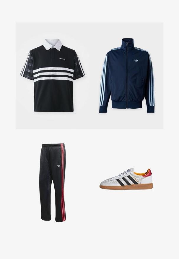 Marineblå trackjakke med lyseblå tre striber på ærmerne, frontlynlås, opretstående krave og Adidas-logo på brystet.; Sort polo skjorte med hvide striber og logo; har korte ternede ærmer og en hvid krave med knaplukning.; Sorte træningsbukser med lodret ribbet tekstur, der har røde og hvide sidelommer og en lille hvid logo på venstre ben.; Hvid Adidas Spezial sneaker med sorte striber, gummisål, quiltet mønster, rød hælflap og gul inderfor, set fra siden.