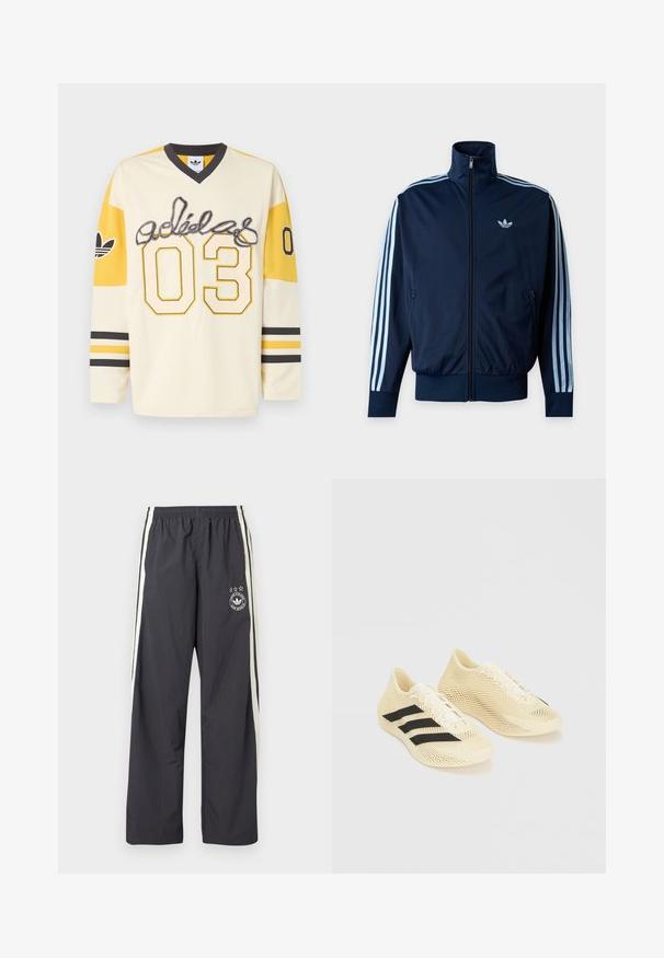Μπλε ναυτικό track jacket με τρεις ανοιχτό μπλε ρίγες στα μανίκια, φερμουάρ μπροστά, όρθιο γιακά και το λογότυπο της Adidas στο στήθος.; Κρεμ και κίτρινη αθλητική φανέλα Adidas με μακριά μανίκια, με το λογότυπο "adidas", αριθμό 03 μπροστά και στα μανίκια, μαύρο λαιμόκοψη σχήματος V και ριγωτές μανσέτες.; Σκούρο γκρι παντελόνι φόρμας με λευκές πλευρικές ρίγες, ελαστική μέση και κυκλικό λογότυπο με τρία αστέρια στο αριστερό μηρό. Ελαφρύ ύφασμα.; Αθλητικά παπούτσια ανοιχτού μπεζ χρώματος με μαύρες ρίγες, κλείσιμο με κορδόνια και υφασμενo κυματιστό σχέδιο σε λευκό φόντο.