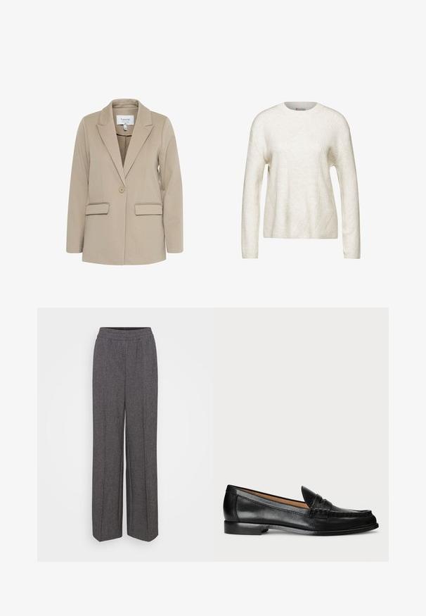 Blazer beige en tissu texturé, avec un col cranté, une fermeture à bouton unique et deux poches avant.; Pull léger en crème avec texture côtelée, col rond et manches longues. Présente un motif en losange sur le devant. Matériau doux.; Pantalons larges gris avec une taille élastique, présentant un tissu texturé et un motif subtil. Pas de poches ni de fermetures visibles.; Lauren Ralph Lauren WYNNIE - Chaussons - black