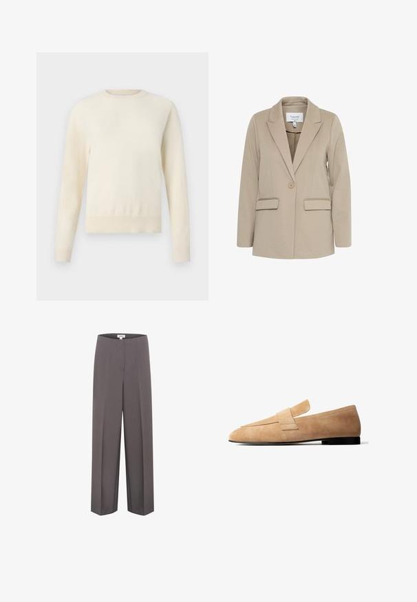 Beige blazer lavet af tekstureret stof, med en klapkrave, enkelt knaplukning og to forreste lommer.; Lys cremefarvet sweater med lange ærmer, rund halsudskæring og ribbenet kant. Lavet af et blødt materiale med en glat tekstur.; Grå vide bukser med en glat tekstur, der har flad front og ingen synlige lommer, lavet af letvægtsstof.; Lysebrun ruskindsløs loafer med en lav sort hæl og en bred remdetalje tværs over toppen, vist i sideprofil på hvid baggrund.