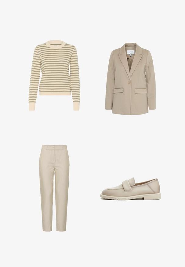 Beige blazer lavet af tekstureret stof, med en klapkrave, enkelt knaplukning og to forreste lommer.; Stribet sweater i crème og olivengrøn med ribbet rund halsudskæring, lange ærmer og en tætsiddende kant. Blød strikket tekstur.; Beige bukser lavet af letvægtsstof, med en skræddersyet design, flad front og sidelommer; glat tekstur med subtile striber.; Beige læder loafers med en jævn tekstur, der har et forhøjet bånd over forgabreren og en lav, flad gummisål.
