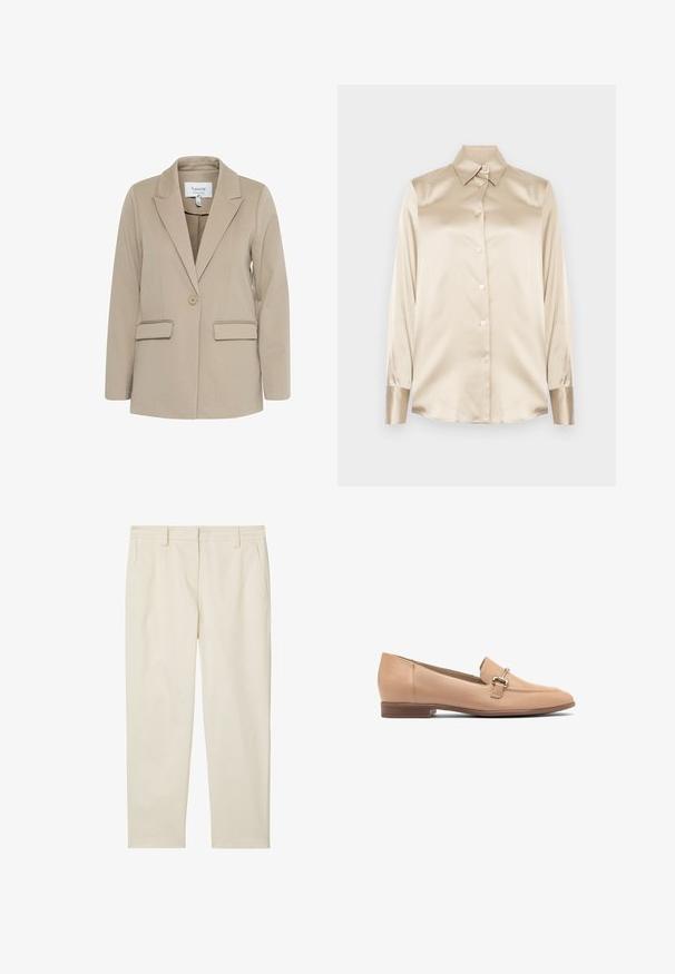 Beige Blazer aus strukturiertem Stoff, mit Reverskragen, einem Knopfverschluss und zwei frontalen Taschen.; Beige Satinhemd mit spitzem Kragen, langen Ärmeln, Knopfverschluss und Manschetten in einem etwas glänzenderen Finish. Keine Muster oder Akzente.; Marc O'Polo MODERN STYLE TAPERED LEG HIGH RISE WELT POCKET - Chino - chalky sand; Beige Lederloafers mit einem niedrigen Absatz, die ein gesticktes Design und eine kleine silberne Hardware-Akzent auf der Oberseite aufweisen. Glatte Textur.