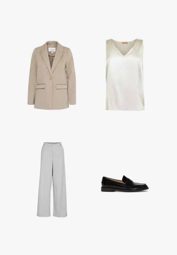 Beige blazer lavet af tekstureret stof, med en klapkrave, enkelt knaplukning og to forreste lommer.; Ærmeløs satinbluse i elfenben med V-udskæring og smalt skulderdesign, mærket Falconeri Seta Collection.; Lys grå vide bukser lavet af struktureret stof, med flad front, bæltestropper og et rent, skræddersyet udseende.; Sorte læder loafers med glat finish, afrundet tå og en dekorativ rem over fronten. Lav blokhælsdesign.