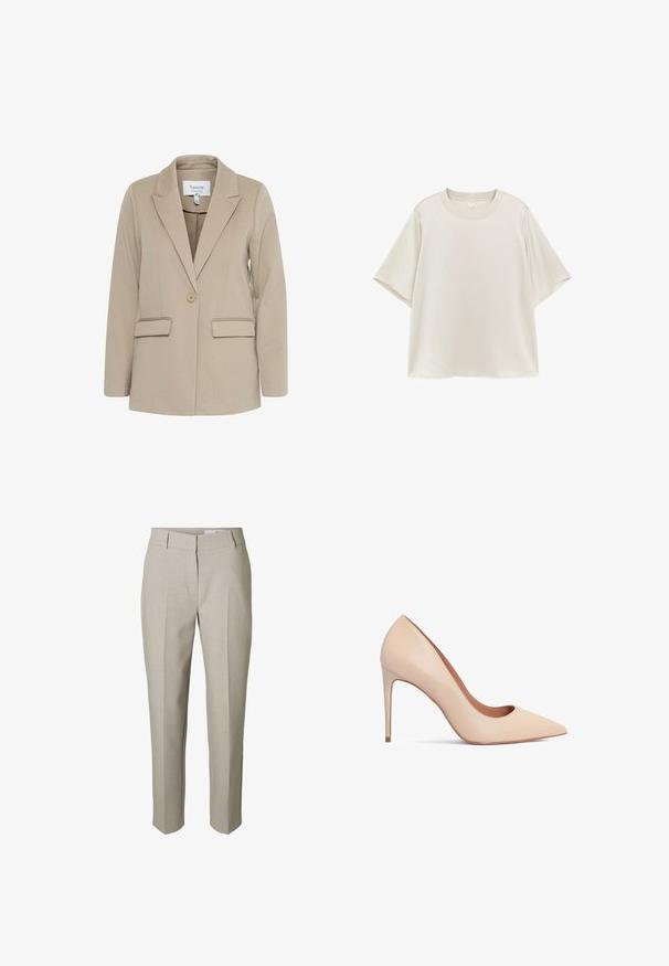 Beige Blazer aus strukturiertem Stoff, mit Reverskragen, einem Knopfverschluss und zwei frontalen Taschen.; Schlichtes hellbeiges T-Shirt mit kurzen Ärmeln und Rundhalsausschnitt, mit lockerer Passform, flach auf weißem Hintergrund präsentiert.; Beige maßgeschneiderte Hose mit Gürtelschlaufen, einem vorderen Reißverschluss und gebügelten Bügelfalten an den Beinen, vor weißem Hintergrund dargestellt.; Beige Leder-Pumps mit hohen Absätzen, spitz zulaufender Zehenpartie und glatter Textur. Mit einem schlanken Stiletto-Absatz und einem tief ausgeschnittenen Obermaterial.