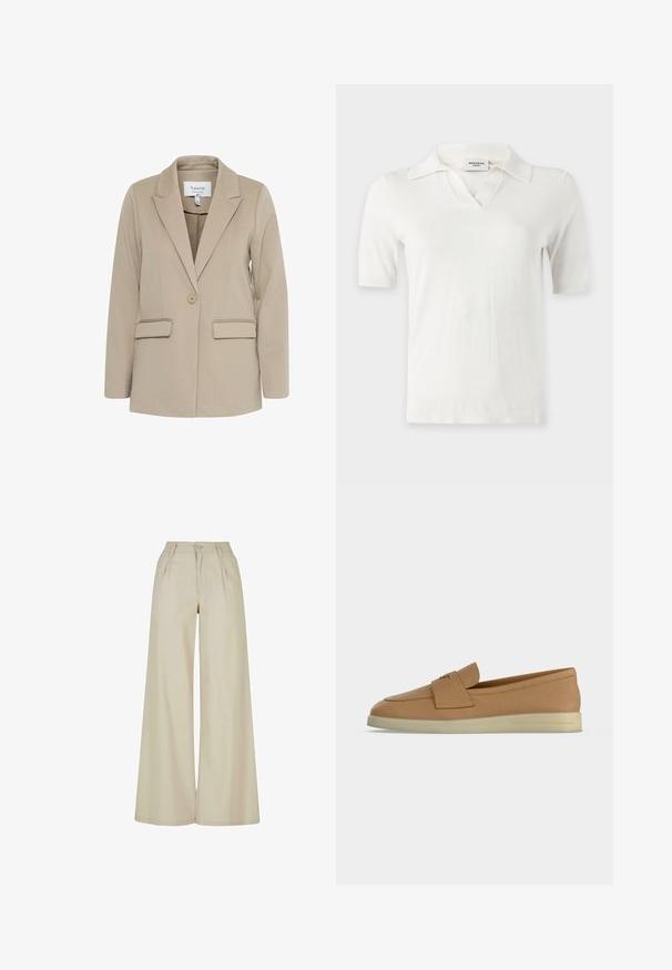 Blazer beige hecho de tela texturizada, con solapas con muesca, cierre de un botón y dos bolsillos delanteros.; Top de punto blanco de manga corta con cuello y una muesca en forma de V en el escote, mostrado sobre un fondo liso.; Pantalones beige de pierna ancha con cintura alta, pliegues en la parte delantera, trabillas para cinturón y cierre con botón.; Mocasín de cuero color tostado con parte superior texturizada, suela plana color crema y detalle decorativo dorado en la correa.