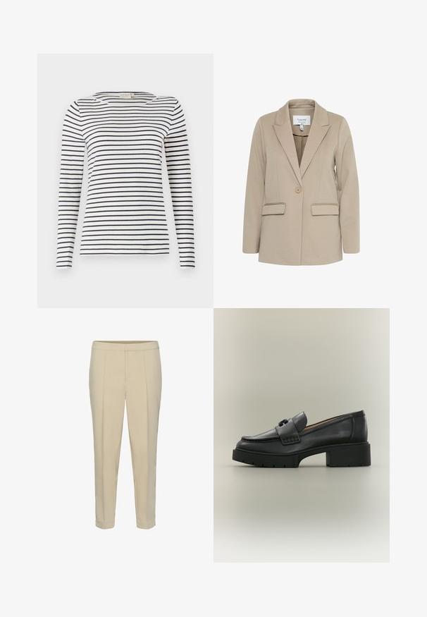 Béžový blazer vyrobený z textúrneho materiálu, s klopaným golierom, jedným gombíkom a dvoma prednými vreckami.; Mikina s dlhým rukávom prúžkovaná z jemného materiálu, s námorníckymi a bielymi horizontálnymi pruhmi, okrúhlym výstrihom a priliehavým strihom.; Béžové oblekové nohavice so strihaním rovného strihu, prednými záhybmi a manžetovým spodkom. Hladká textúra bez viditeľného hardvéru alebo vzorov.; Čierny kožený mokasín s masívnou podrážkou a ozdobnou prackou, zobrazený z boku na neutrálnom pozadí.