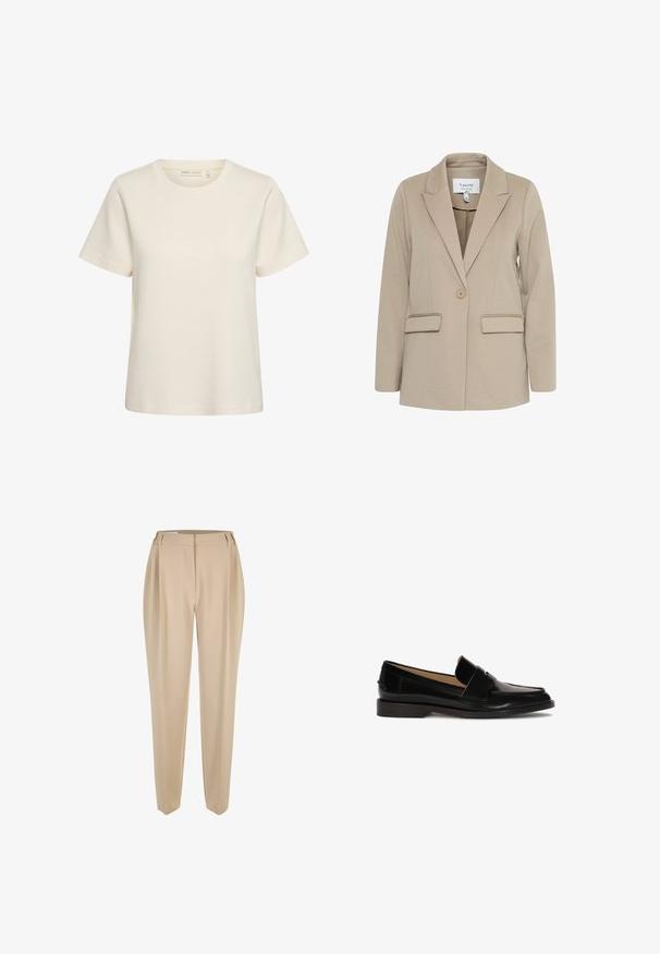 Blazer beige en tissu texturé, avec un col cranté, une fermeture à bouton unique et deux poches avant.; T-shirt manches courtes couleur crème avec un col rond et un design simple et uni sur fond blanc.; Pantalons beiges ajustés à jambe droite avec passants de ceinture, zip frontal et poches latérales, présentés sur un fond blanc.; Mocassins en cuir noir avec une finition lisse, à bout rond, et une sangle décorative sur le devant. Design à faible talon carré.