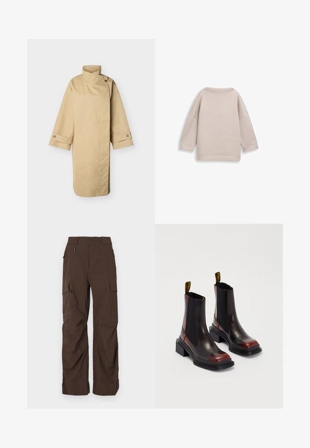 Beiger langer Trenchcoat mit hohem Kragen, asymmetrischem vorderem Knopfverschluss und geknöpften Manschetten vor einem schlichten hellen Hintergrund.; Hellbeige, locker sitzendes Oberteil mit rundem Ausschnitt und dreiviertellangen Ärmeln. Weiche Textur, keine sichtbaren Muster oder Verzierungen. Ansicht von hinten.; Braune Cargo-Hose mit geradem Schnitt, aus einem strapazierfähigen Stoff gefertigt. Verfügt über mehrere Taschen und ein sicheres Bunddesign.; Dr. Martens MAYBOLE CHELSEA - Plateaustiefelette - black/cherry red