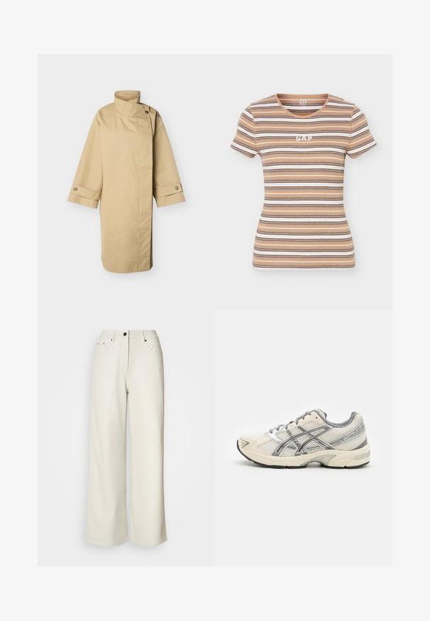 Beiger langer Trenchcoat mit hohem Kragen, asymmetrischem vorderem Knopfverschluss und geknöpften Manschetten vor einem schlichten hellen Hintergrund.; Kurzärmeliges, beige und braun gestreiftes, geripptes T-Shirt mit weißem GAP-Logo in der Mitte der Brust.; Cremefarbene weit geschnittene Hose aus glattem Stoff. Sie hat eine mittlere Leibhöhe, einen Reißverschluss und zwei vordere Taschen mit schwarzen Hardware-Elementen.; Laufschuhe mit einem atmungsaktiven weißen Mesh-Obermaterial, silbernen Akzenten, grauen Schnürsenkeln und einer langlebigen schwarzen Gummisohle. Leichtes, gepolstertes Design.