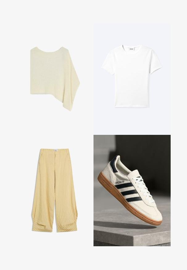 Poncho tricoté crème asymétrique avec un large décolleté et une seule manche drapée sur le côté.; T-shirt blanc uni à manches courtes et col rond avec une petite étiquette "WEEKDAY" à l'intérieur de l'encolure, présenté à plat sur un fond clair.; Pantalon beige à jambes larges avec fines rayures verticales brunes, poches latérales et taille haute, étalé à plat sur un fond blanc.; Baskets en daim blanc avec des bandes navy, semelle en caoutchouc gomme, tige texturée, bout rond et lacets ; arbore un logo sur le côté et sur la languette.