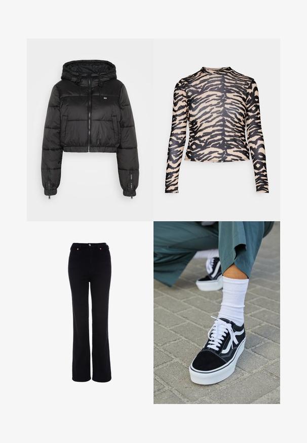Tommy Jeans TJW HOODED PUFFER - Vinterjakker - black; Langærmet bluse lavet af et glat stof med en beige bundfarve og et sort tigerstriber mønster, rund hals og en tætsiddende silhuet.; Sorte bukser med højt liv og lige ben med knap- og lynlåslukning, bæltestropper og forlommer.; Sorte ruskinds sneakers med hvide accenter og snørebånd, der har en tyk hvid sål og kontrasterende syninger, parret med en hvid sok.