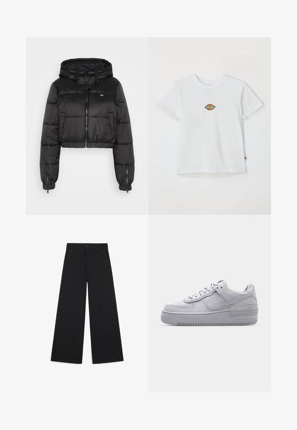 Tommy Jeans TJW HOODED PUFFER - Zimná bunda - black; Biela bavlnená tričko s okrúhlym logom a viacfarebnými akcentmi. Krátke rukávy a okrúhly výstrih, s malou nálepkou na leme.; Široké čierne nohavice vyrobené z mäkkej, tkaninovej látky. Obsahujú prežehlené záhyby, pútka na opasok a čistý, upravený vzhľad.; Šedé tenisky Nike Air Force 1 s perforovanou špičkou, hladkým koženým zvrškom, hrubou podrážkou a embosovaným detailom 'AIR' na päte.
