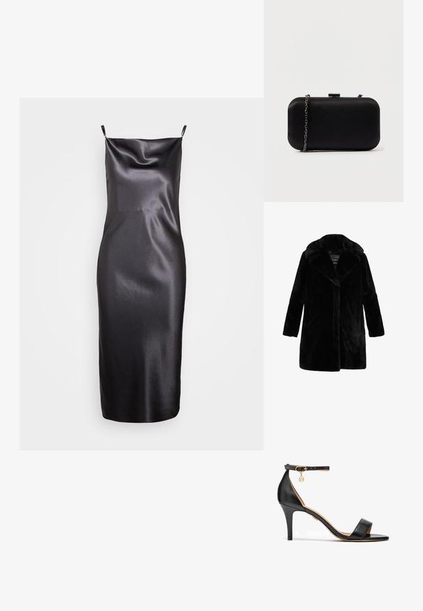Abrigo de pelaje sintético negro con un amplio cuello, mangas largas y un diseño recto. Textura suave sin cierres ni patrones visibles.; Samsøe Samsøe FREDERICKA LONG DRESS - Vestido de cóctel - ombre dark; Sandalia de tacón alto de cuero negro con una sola cinta sobre los dedos, cinta en el tobillo, herrajes dorados y un esbelto tacón de aguja.; Clutch rectangular negro hecho de material suave. Cuenta con una correa de cadena desmontable y un cierre metálico en la parte superior. Diseño simple con bordes redondeados.