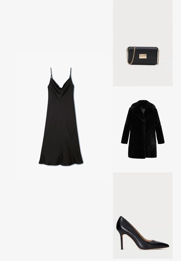 Schwarzer Kunstfellmantel mit einem breiten Kragen, langen Ärmeln und einem geraden Schnitt. Weiche Textur ohne sichtbare Verschlüsse oder Muster.; Schwarzes Kleid mit verstellbaren Spaghetti-Trägern, einem Cowl-Ausschnitt und einem asymmetrischen Saum, aus glattem, leichtem Stoff gefertigt.; Schwarze Leder-Pumps mit hohem Absatz, spitzem Schuhkopf und schlankem Stiletto-Absatz. Die glatte Textur und die minimalen Details verleihen ein klassisches Design.; Schwarze Leder-Crossbody-Tasche mit goldener Kettenhenkel und rechteckiger goldener Schnalle auf der Vorderseite, vor einem einfachen hellen Hintergrund.