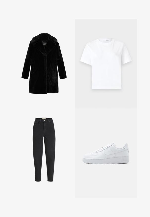 Schwarzer Kunstfellmantel mit einem breiten Kragen, langen Ärmeln und einem geraden Schnitt. Weiche Textur ohne sichtbare Verschlüsse oder Muster.; Einfaches weißes kurzärmeliges Baumwoll-T-Shirt mit rundem Ausschnitt und geradem Saum, dargestellt auf weißem Hintergrund.; Schwarze Jeans mit hohem Bund, schmal zulaufendem Bein, vorderem Knopf- und Reißverschluss, Vorder- und Gesäßtaschen sowie Metallnieten-Details.; Weißer Nike Air Force 1 Sneaker mit niedrigem Schaft, Schnürverschluss, perforierter Zehenbox und dem charakteristischen Swoosh-Logo an der Seite.