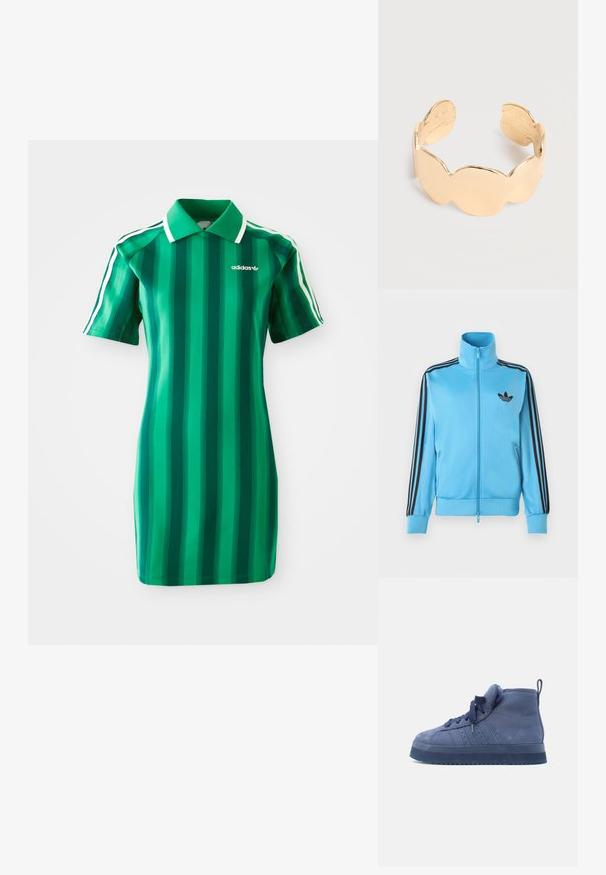 Helehall sinine lukuga jope, mis on tehtud siledast kangast, varrukatel mustade triipudega ja väikese musta logoga rinnal.; Roheline triipude jaotusega polo kleit, mis on valmistatud pehmest kangast. Omab kraed, lühikesi varrukaid ja valget Adidas'i logo. Erineva varjundiga vertikaalsed triibud.; Tumesinistes seemisnahast kõrge säärega tennised, millel on polsterdatud kaelus, nööritav disain ja paks kummist tallaga tekstureeritud pinnaga.; Avatud kuldsest mansetist käevõru ümarate, siledate servadega segmentidega ning poleeritud, kergelt tekstuurse viimistlusega.