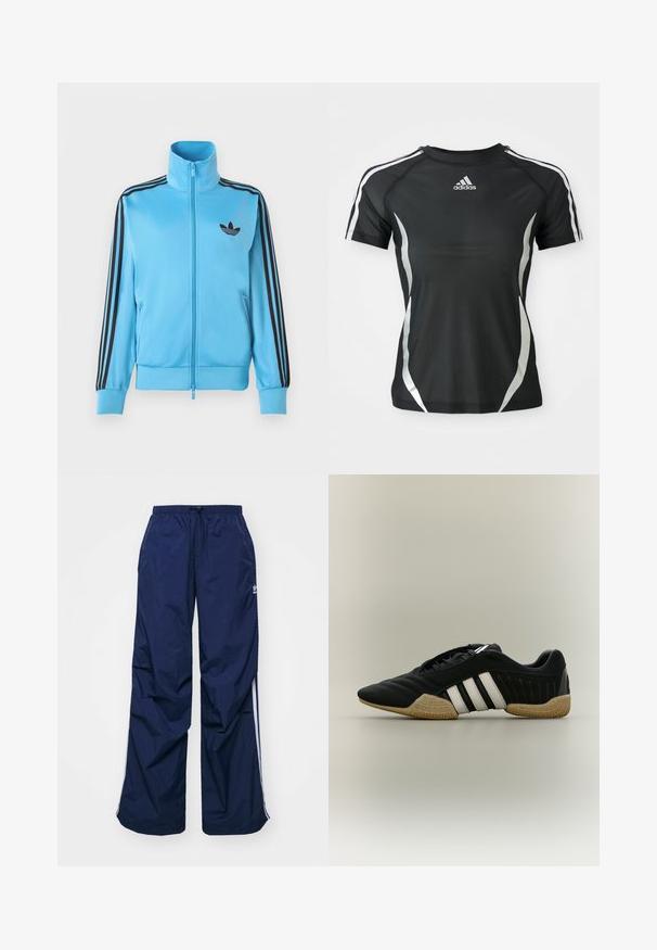 Svetlomodrá bunda na zips z hladkej látky, s čiernymi pruhmi na rukávoch a malým čiernym logom na hrudi.; Čierne športové tričko Adidas s krátkym rukávom, s bielymi pruhmi na ramenách a striebornými zakrivenými akcentmi po stranách.; Tmavomodré, ľahké nohavice s elastickým pásom a sťahovacou šnúrkou, so svetlými bočnými pásmi a malým logom na prednej strane. Strih voľného strihu.; Čierna športová obuv s bielymi pruhmi a béžovou textúrovanou podrážkou na neutrálom pozadí, zobrazená zo strany.