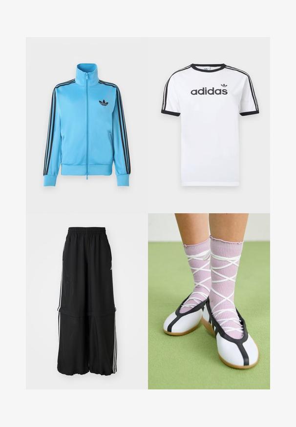 Svetlomodrá bunda na zips z hladkej látky, s čiernymi pruhmi na rukávoch a malým čiernym logom na hrudi.; Biele bavlnené tričko s čiernymi akcentmi, so zapínaním okolo krku, krátkymi rukávmi, tromi čiernymi pruhmi na ramenách a čiernym logom „adidas“.; Čierne športové nohavice s elastickým pásom, bočnými prúžkami a voľným strihom so zúženým lemom pre vzdušný siluetu.; Nohy v rebrovaných levanduľových ponožkách s bielymi krížovými pásmi v kombinácii s bielymi baletnými papučkami s čiernym lemom na zelenej podlahe.