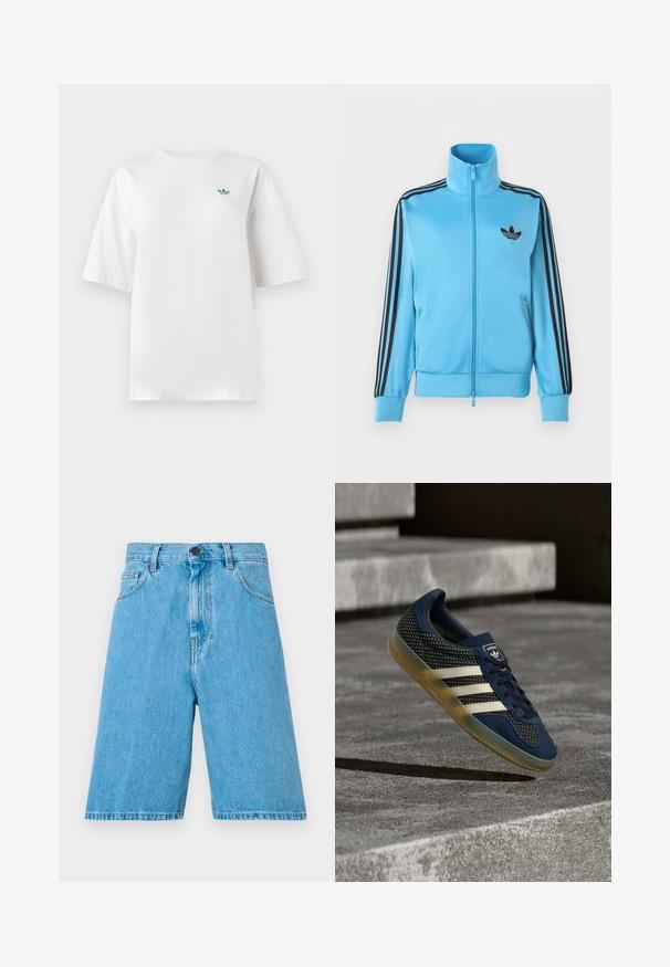 Lyseblå lynlåstrøje lavet af glat stof, har sorte striber på ærmerne og en lille sort logo på brystet.; Hvid t-shirt lavet af bomuld, med korte ærmer og rund hals. Et lille grønt logo er placeret på venstre brystområde.; Lysblå denimshorts med en afslappet pasform, der har bæltestropper, en knaplukning og forlommer. Stof har en glat tekstur.; Marineblå sportssko med mesh og ruskindsoverdel, tre hvide striber og en gennemsigtig gummisål; snørelukning med polstret krave.