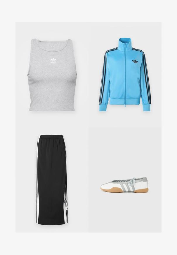 Vaaleansininen vetoketjullinen takki, joka on valmistettu sileästä kankaasta. Takissa on mustat raidat hihoissa ja pieni musta logo rinnassa.; Harmaa, hihaton crop top, joka on valmistettu pehmeästä kankaasta. Siinä on pyöreä kaula-aukko ja pieni valkoinen Adidas-logo rinnassa.; Musta pitkä urheiluhame, jossa valkoiset sivupaneelit ja mustat raidat, joustava vyötärönauha ja Adidas-logo lähellä alahelmaa.; Valkoiset ja harmaat balleriinat pyöreällä kärjellä ja joustavalla nauhalla, joissa on kolme harmaata raitaa ja beige kumipohja.