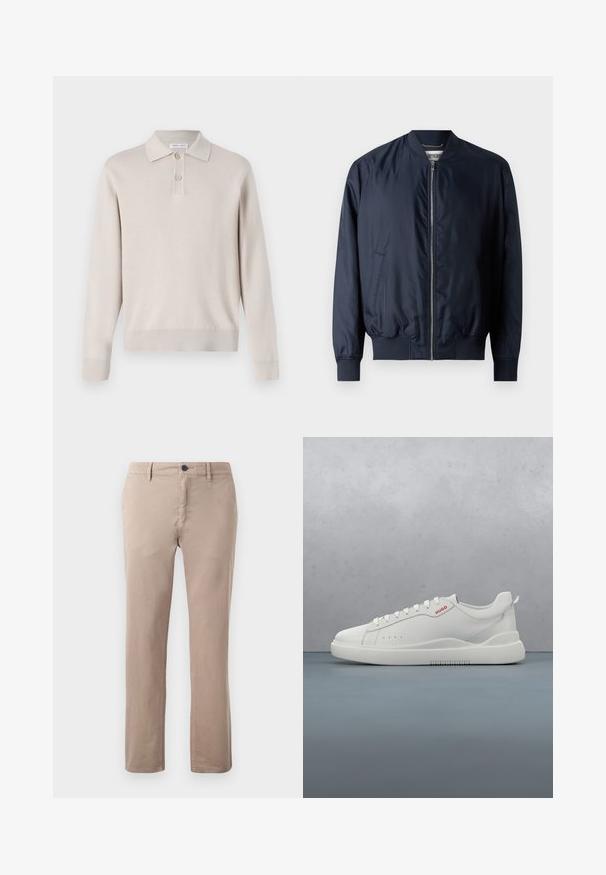 Marine bomberjack met een gladde, glanzende afwerking, geribbelde manchetten en zoom, beschikt over een voorrits en zijzakken.; Lichtbeige poloshirt met lange mouwen, gemaakt van zachte stof. Voorzien van een kraag, een drieknoopsluiting en ribgebreide manchetten en zoom.; Lichtbeige katoenen chinos met rechte pijpen, voorzakken en een enkele bovenste knop in de taille. Gladde textuur met gestikte naden.; Witte sneaker met een gladde leren afwerking, ronde neus, vier veterogen, subtiele perforaties en een rood logo detail aan de zijkant.