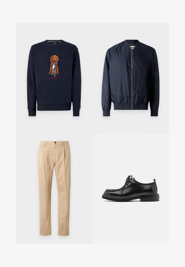 Veste bombardier navy avec une finition lisse et brillante, des poignets et un ourlet côtelés, dotée d'une fermeture éclair à l'avant et de poches latérales.; Sweatshirt marine à manches longues avec un chien brun tenant une écharpe à carreaux ; texte "Hackett" en rouge sous le design. Matériau en coton doux.; Pantalons en coton beige à jambe droite pour homme, avec poches avant, passants de ceinture, fermeture à bouton et zip, sur fond blanc.; Calvin Klein LACE UP APRON BRUSH OFF - Derbies - black