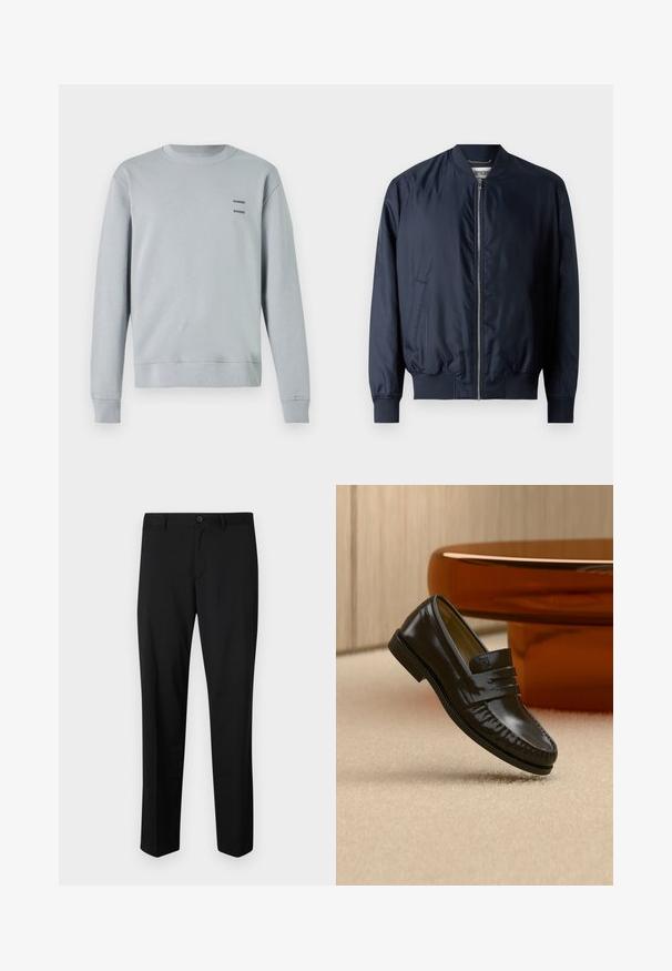 Marine bomberjack met een gladde, glanzende afwerking, geribbelde manchetten en zoom, beschikt over een voorrits en zijzakken.; Lichtgrijze sweatshirt gemaakt van zachte stof, met een ronde halslijn, ribgebreide manchetten en zoom, voorzien van twee zwarte "SAMSØE" logo's op de borst.; Zwarte op maat gemaakte broek met een platte voorkant, standaard taille en rechte pijpen. Gemaakt van een gladde stof, met een enkele knoopsluiting.; Glanzende zwarte leren loafer met een banddetail, geplaatst op een beige tapijt naast een ronde bruine salontafel in een zacht verlichte kamer.
