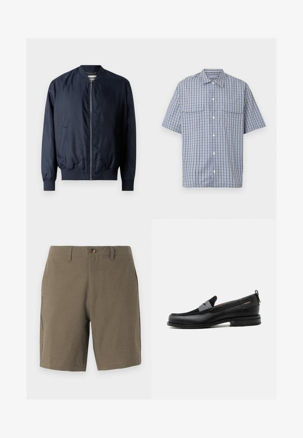 Marineblaues Bomberjacke mit glatter, glänzender Oberfläche, gerippten Bündchen und Saum, verfügt über einen Frontreißverschluss und Seitentaschen.; Kurzärmeliges Hemd mit Knopfleiste, blau-weiß-schwarz kariertem Muster und zwei aufgesetzten Brusttaschen vor weißem Hintergrund.; Olivgrüne Shorts aus strukturiertem Stoff, mit Knopfverschluss und flachem Bund, ausgestattet mit Seitentaschen für Funktionalität.; Schwarzer Lederloafer mit grauem Riemendetail, niedrigem Absatz und strukturierter Sohle, seitlich mit „HUGO“ in Gold gebrandmarkt.