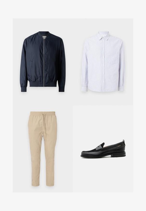 Chaqueta bomber en color azul marino con un acabado suave y brillante, puños y dobladillo acanalados, que cuenta con un cierre delantero de cremallera y bolsillos laterales.; Camisa de botones a rayas en azul claro y blanco. Con cuello de punta, mangas largas y un bolsillo en el pecho. Tejido de algodón.; Pantalones ligeros de color beige con cintura elástica y cordón. Diseño de pierna recta, textura suave y sin patrones ni acentos visibles.; Mocasín de cuero negro con detalle de tira gris, tacón bajo y suela texturizada, con la marca "HUGO" en oro en el lateral.