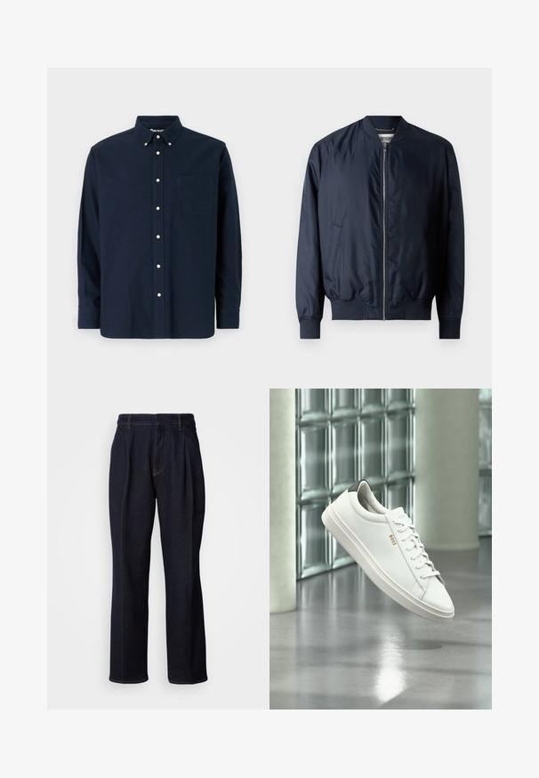 Veste bombardier navy avec une finition lisse et brillante, des poignets et un ourlet côtelés, dotée d'une fermeture éclair à l'avant et de poches latérales.; Chemise bleu marine à manches courtes, en coton, avec un col pointu, une poche frontale et huit boutons assortis le long de la patte de boutonnage.; Jean en denim large à jambes bleues foncées avec des plis devant et des coutures orange, présenté sur fond blanc.; Baskets basses en cuir blanc avec lacets, languette de talon noire et logo « BOSS », flottant à l'intérieur près d'un mur en blocs de verre et d'un sol poli.