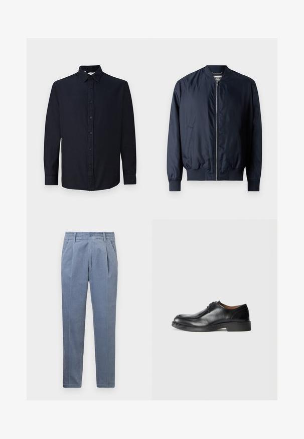 Marineblaues Bomberjacke mit glatter, glänzender Oberfläche, gerippten Bündchen und Saum, verfügt über einen Frontreißverschluss und Seitentaschen.; Dunkelmarineblaue Langarmhemd mit Knopfleiste, Kragen und Manschetten, flach gegen einen schlichten hellen Hintergrund ausgestellt.; Helle blaue Hose aus strukturiertem Stoff. Mit Knopfverschluss, Falten und einem elastischen Bund für zusätzlichen Komfort. Gerades Beinschnitt.; Schwarze Leder-Dressschuhe mit abgerundetem Zehenbereich, glatter Oberfläche, Schnürdetails und einer niedrigen, strukturierten Gummisohle. Saubere Linien und minimalistisches Design.