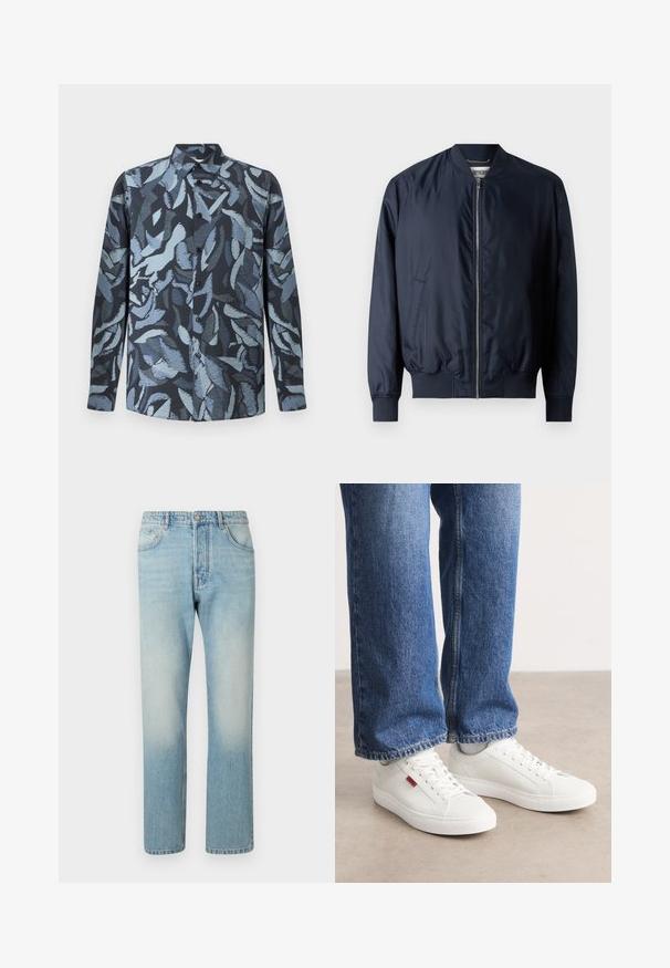 Marineblaues Bomberjacke mit glatter, glänzender Oberfläche, gerippten Bündchen und Saum, verfügt über einen Frontreißverschluss und Seitentaschen.; Langarmhemd aus weichem Stoff mit einem dunkelblauen Grundton und abstrakten, hellblauen blattähnlichen Mustern, mit Knopfleiste und Kragen.; Helle blaue Jeans aus Denim mit geradem Bein, fünf Taschen und einem ausgewaschenen Effekt an den Oberschenkeln.; Weiße Sneakers mit glatter Oberfläche, runder Spitze und flacher Sohle. Ergänzt durch blaue Jeans im geraden Schnitt mit sichtbaren Nähten.